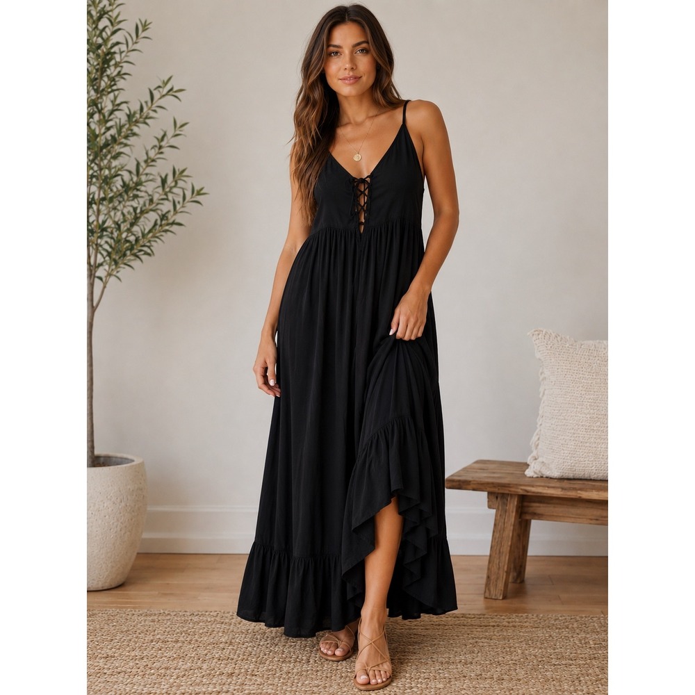 Aerie Maxi Dress || S || Black Lace-Up Boho || Cotton Viscose